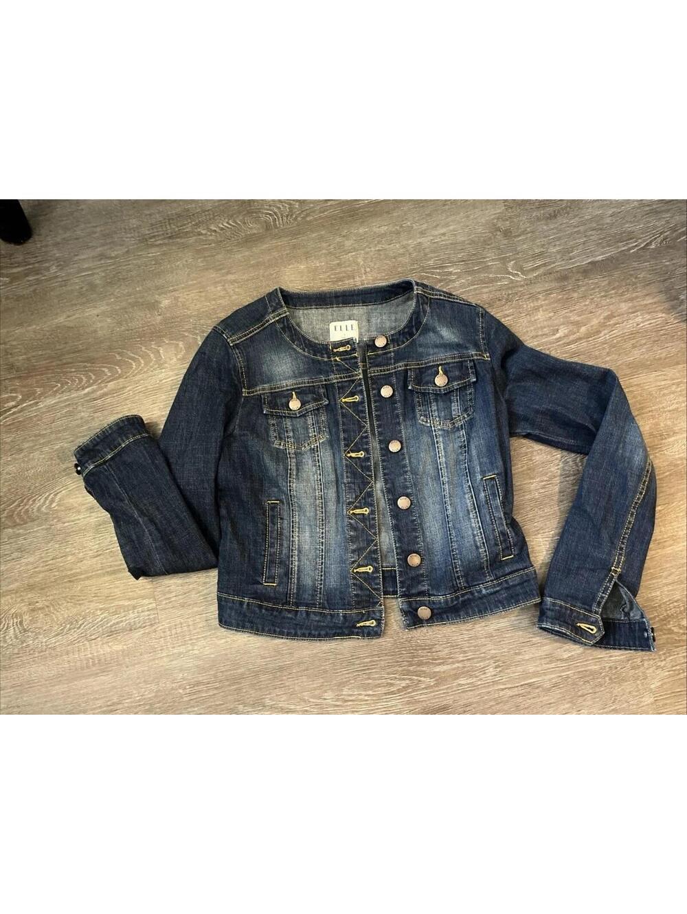ELLE women jean jacket mid blue wash crewneck slim fit size S